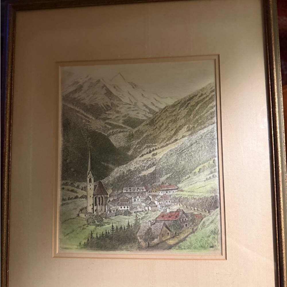 Vintage Framed Swiss Mountain Village Artwork. Beautiful vintage colors.